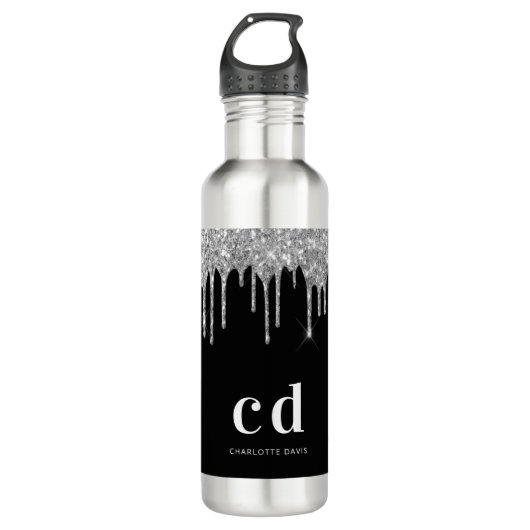 Bouteille D'eau Parties scintillant argent noir goutte monogramme (Devant)