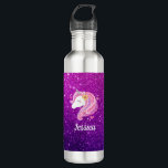 Bouteille D'eau Parties scintillant rose violet personnalisé visag<br><div class="desc">Un mignon visage de licorne en faux parties scintillant rose et violet décore cette bouteille d'eau. Amusant pour une fille. Fait un grand cadeau d'anniversaire. Personnalisez-le avec son nom. Conçu pour vous par Blackberry Boulevard.</div>