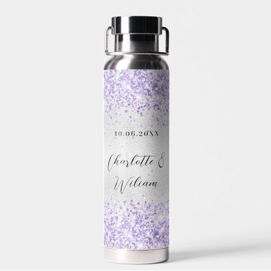 Bouteille D'eau Parties scintillant violet en argent mariage éléga (Arrière)