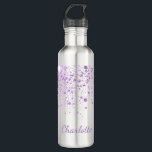 Bouteille D'eau Parties scintillant violette lâche le script blanc<br><div class="desc">Un arrière - plan blanc chic. Décoré avec des gouttes de parties scintillant en faux violet. Personnalisez et ajoutez un nom. Le nom est écrit avec un script de style moderne écrit à la main. Lettres violettes.</div>