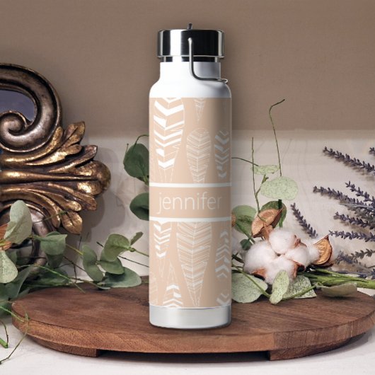 Bouteille D'eau Pastel Boho Peach White Feathers Ajouter un nom