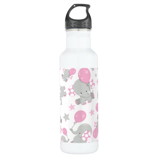 Bouteille D'eau Pattern of Elephants, Cute Elephants - Pink Gray (Devant)