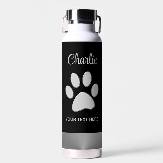 Bouteille D'eau Paw Chien Argent sur arrière - plan noir (Avant)