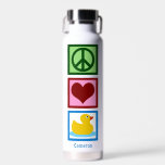 Bouteille D'eau Peace Love Canards Cute Duck Personnalisé<br><div class="desc">Un joli cadeau personnalisé pour quelqu'un qui aime une mascotte d'équipe de canard. Un signe de paix vert,  un coeur roux,  et un canard en caoutchouc jaune mignon. Bouteille d'eau Peace Love Ducks.</div>