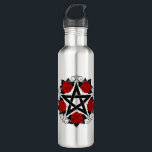 Bouteille D'eau Pentagramme aux roses rouges<br><div class="desc">Pentagramme noir avec motif,  décoré de fleurs,  roses rouges avec feuilles sur arrière - plan blanc. Style tatouage.</div>