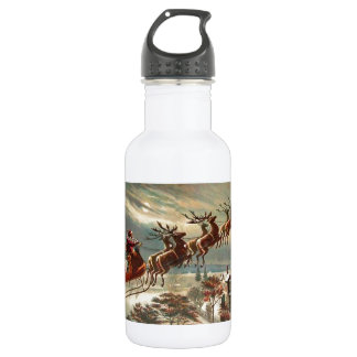 Bouteille D'eau Père Noël Flys au-dessus des dessus de toit
