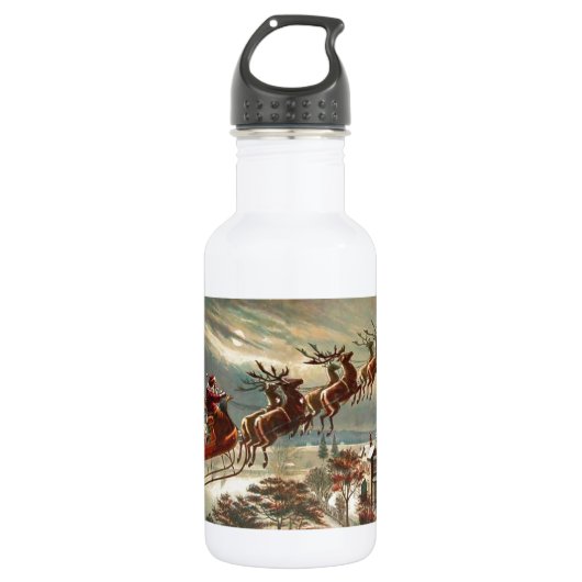 Bouteille D'eau Père Noël Flys au-dessus des dessus de toit (Devant)