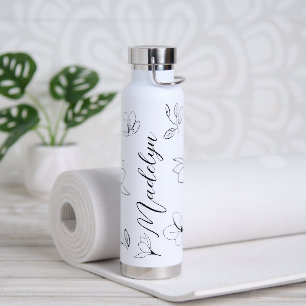 Bouteille D'eau Personnalisé Elégant Simple Black White Florals
