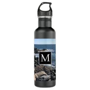 Bouteille D'eau Photo Ocean Waves and Rocks Initial Black