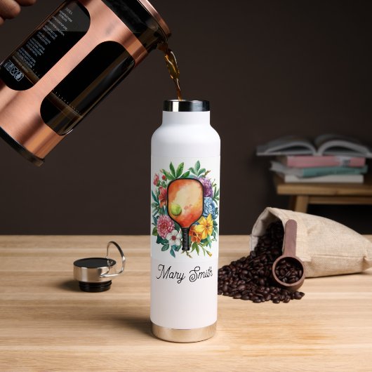 Bouteille D'eau Pickleball avec de belles fleurs (Café (pivoté))