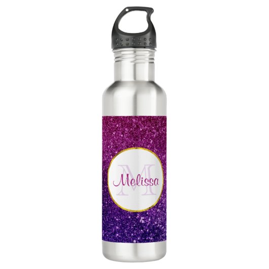 Bouteille D'eau Pierres à Parties scintillant rose et violet Monog (Devant)
