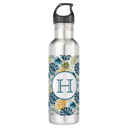 Bouteille D'eau Pineapples palmier feuille feuillage monogramme (Devant)