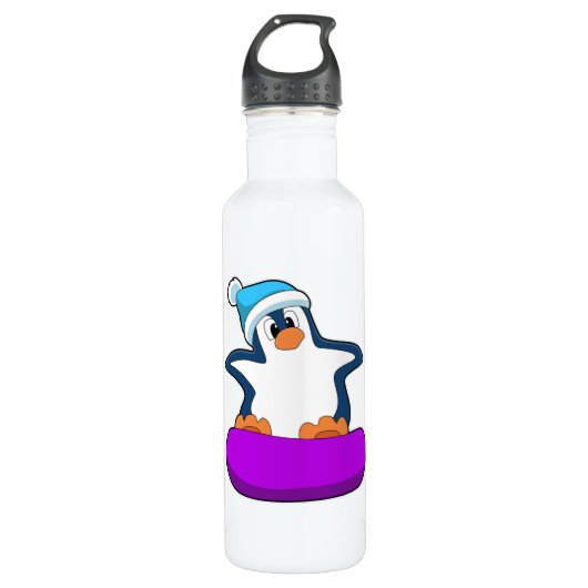 Bouteille D'eau Pingouin au snowboard avec snowboard (Devant)