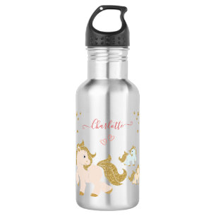 Bouteille D'eau Pink Glitter Ponies with First Name Little Girl
