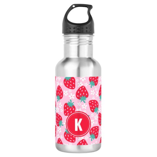 Bouteille D'eau Pink Red Strawberries Floral  Pattern Monogram (Devant)