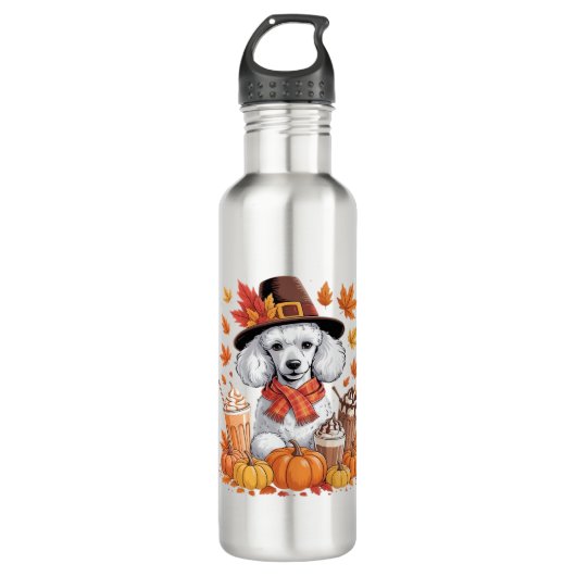 Bouteille D'eau Poodle Thanksgiving Boissons Café Automne Feuilles (Devant)