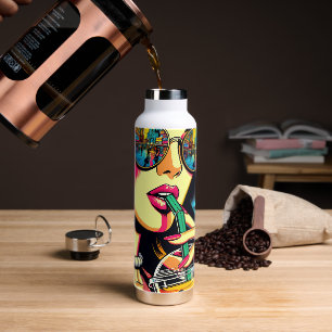 Bouteille D'eau Pop Art Bande Dessinée Belle Femme Buvant du Boba