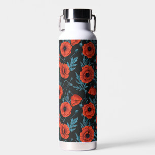 Bouteille D'eau Poppies, rouge et bleu sur noir