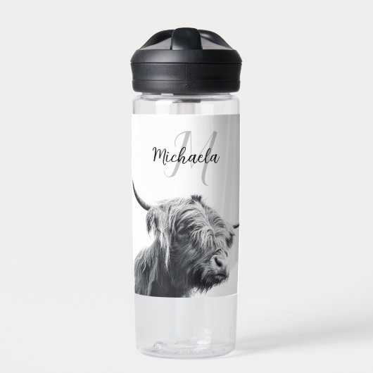 Bouteille D'eau Portrait de vache Highland premier monogramme noir (Extérieur)