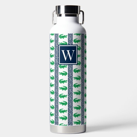 Bouteille D'eau Preppy Alligator Greek Key Stripe – Green & Navy   (Avant)