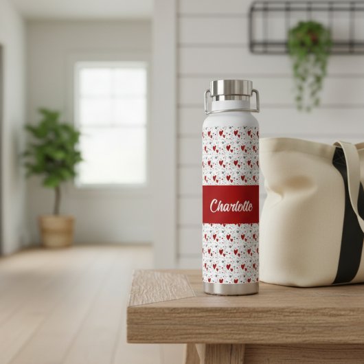 Bouteille D'eau Red Black Modern Hearts Retro Monogram Name