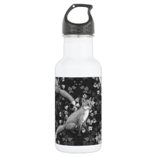 Bouteille D'eau Renard, fleur et lierre, monochrome, mur argenté