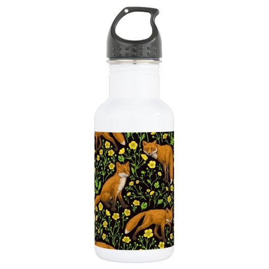 Bouteille D'eau Renards et papillons sur le noir (Devant)