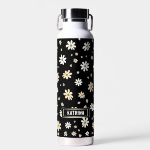 Bouteille D'eau Retro Daisy Floral Pattern Boho Personnalisé Noir