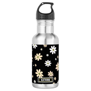 Bouteille D'eau Retro Daisy Floral Pattern Boho Personnalisé Noir