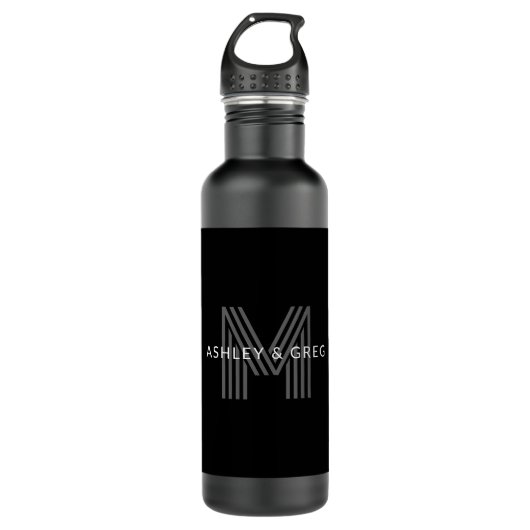 Bouteille D'eau Retro Moderne Nom/s Monogramme modifiable Noir et  (Devant)