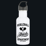 Bouteille D'eau Retro Pickleball Athletic Department Custom Staine<br><div class="desc">Hydrate dans le style avec cette amusante bouteille d'eau de pickleball avec des pagaies croisées de pickleball, la typographie à billes et rétro en noir. Ajoutez votre texte personnalisé pour personnaliser - nom du joueur, nom de l'équipe, nom du club, ville, ville, nom du tournoi, etc. Fait un grand cadeau...</div>