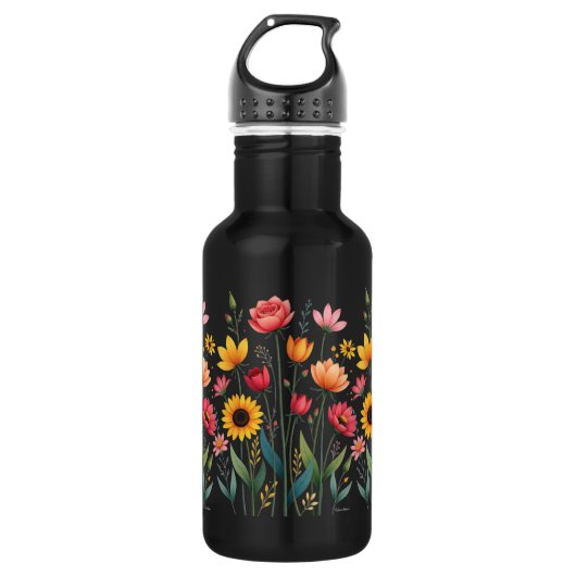 Bouteille d'eau réutilisable noire florale (Devant)