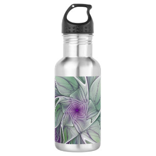 Bouteille D'eau Rêve de fleurs, Abstrait violet vert Fractal Art