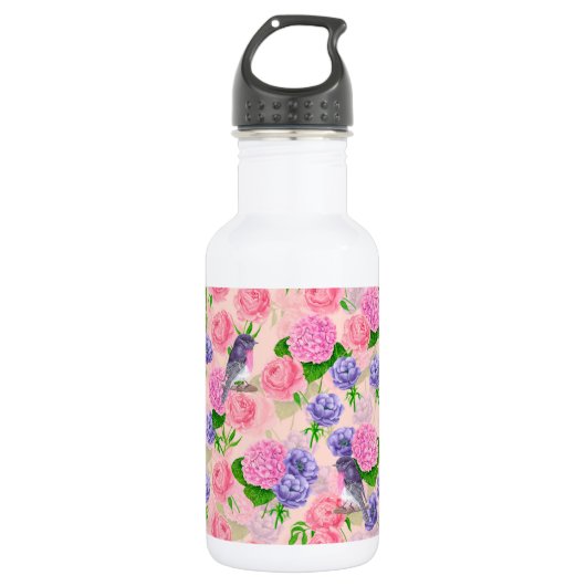 Bouteille D'eau Robin et fleurs, motif aquarelle (Devant)