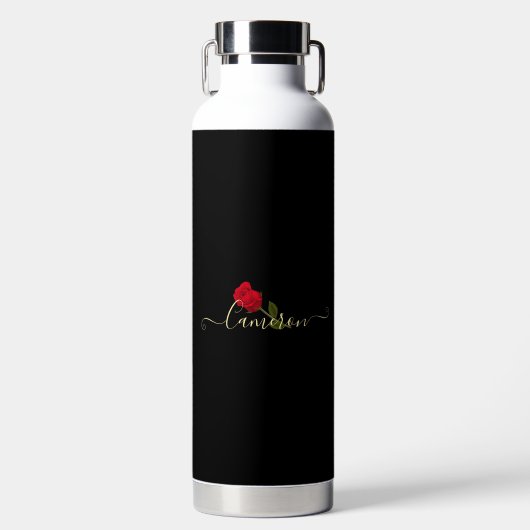 Bouteille D'eau Rose Rouge Sur Monogramme Noir Et Or (Avant)