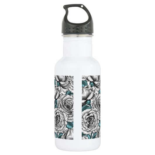 Bouteille D'eau Roses blanches avec feuilles bleus (Dos)
