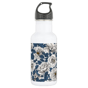 Bouteille D'eau Roses blanches avec feuilles bleus sur blanc