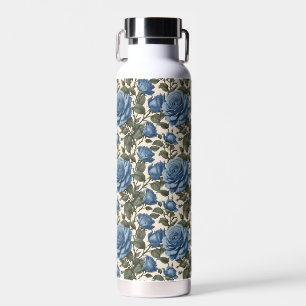 Bouteille D'eau Roses Bleus Et Feuilles Verts,