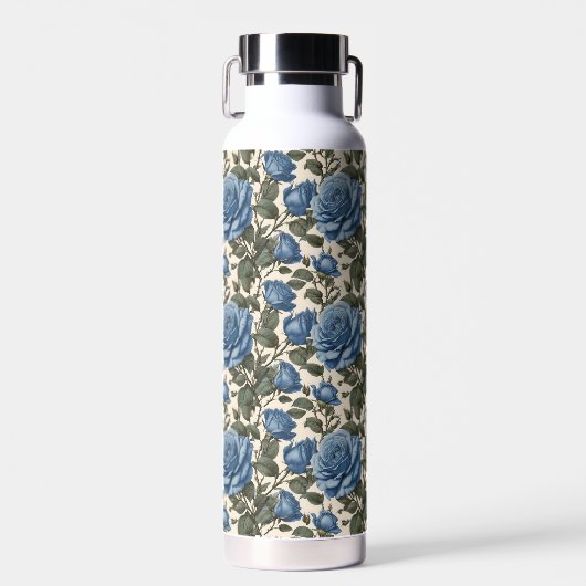 Bouteille D'eau Roses Bleus Et Feuilles Verts, (Avant)