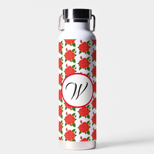 Bouteille D'eau Roses Rouges Avec Bourgeons Monogramme Thor Isolée (Avant)