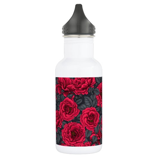 Bouteille D'eau Roses rouges avec feuilles gris sur noir (Gauche)