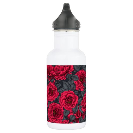 Bouteille D'eau Roses rouges avec feuilles gris sur noir (Droite)