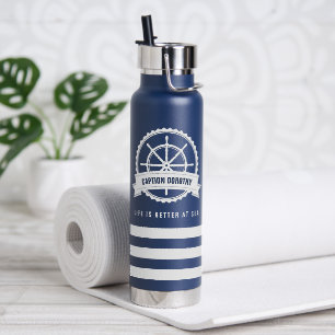 Bouteille D'eau Roue de bateau nautique personnalisée bleu marine