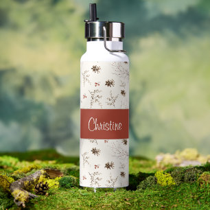 Bouteille D'eau Rouge Crème Bohème Aquarelle Forestier Nom Personn