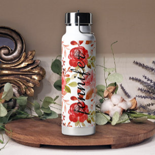 Bouteille D'eau Rouge doux Blush Joli Floral Ajouter un nom