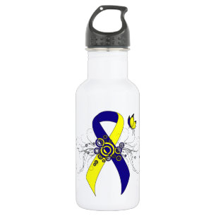 Bouteille D'eau Ruban de sensibilisation bleu et jaune avec papill