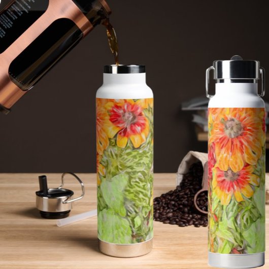 Bouteille D'eau Rudbeckia orange jaune, image bleu