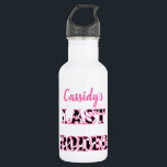 Bouteille D'eau Sa Dernière soirée de bachelorette Rodeo Disco<br><div class="desc">Célébrez les mariées d'être avec ces bouteilles d'eau de soirée de bachelorette à thème de cowgirl disco. Des lettres à motifs de vache noire et blanche épellent le message DERNIER RODEO avec le nom de la mariée ci-dessus en écriture manuscrite rose.</div>