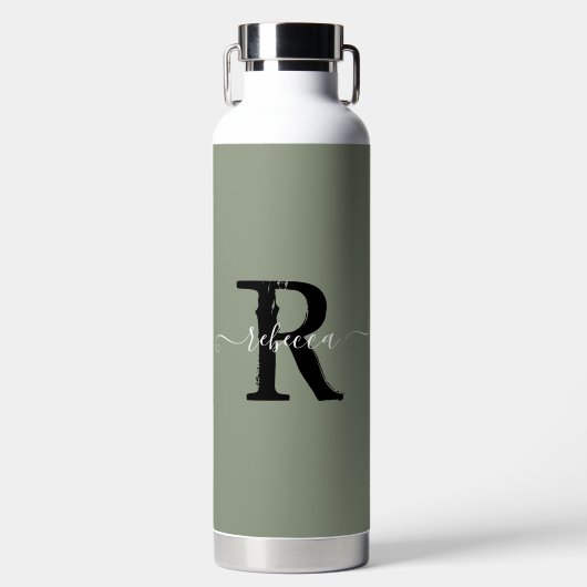 Bouteille D'eau Sage Green Elegant Monogramme Nom du script Initia (Avant)