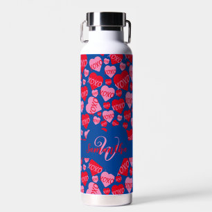 Bouteille D'eau Saint Valentin Monogramme Coeur rose XOXO Bleu